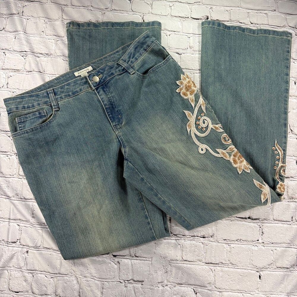 VTG Boston Proper Embroidered Sequin Bootcut Jeans Blue Denim Boho Y2K Sz 12